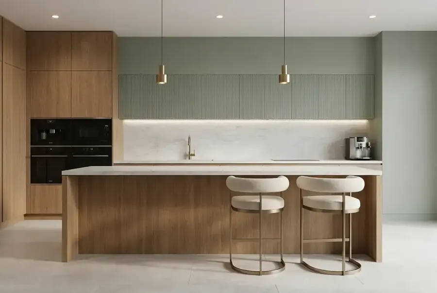Luxury kitchen with grey stone island benchtop — Townsville