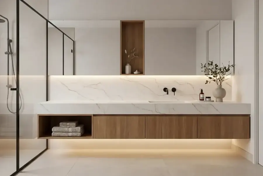Full marble bathroom renovation with double vanity — Townsville